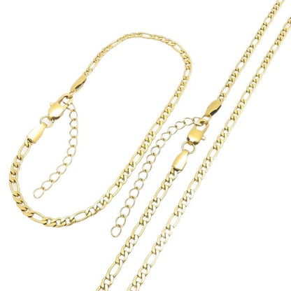Kemstone Stainless Steel Figaro Cuban Bracelet Necklace Set for Men Women Jewelry - color: Gold 03