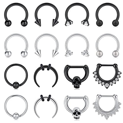 16G Septum Nose Rings Stainless Steel Hinged Seamless Nose Hoop Ring Horseshoe Piercing Jewelry Captive Bead Ring Helix Daith Tragus Cartilage Earrings for Women Men - style: style2