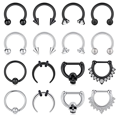 16G Septum Nose Rings Stainless Steel Hinged Seamless Nose Hoop Ring Horseshoe Piercing Jewelry Captive Bead Ring Helix Daith Tragus Cartilage Earrings for Women Men - style: style2