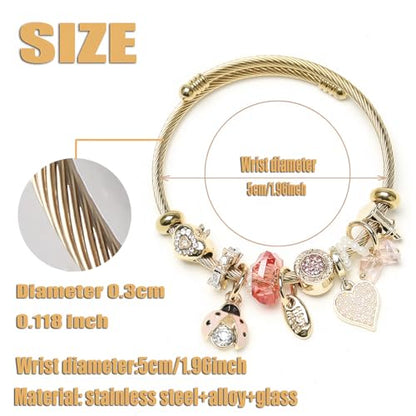 DS Charm Bracelets for girls,exquisite cute cartoon gold friendship bracelets Stainless Steel Bangle with birthday Gift box, Adjustable girls jewelry Suitable for holiday gifts - style: Gold-Beetles