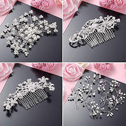Maitys 44 Pieces Wedding Hair Accessories Faux Pearl Crystal Comb Clips U-shaped Flower Rhinestone Silver Pearl Hair Pieces for Prom Bride Bridesmaid (Classic Style) - style: Classic Style