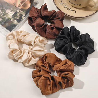 Hair Scrunchies for Women - Hair Ties No Damage Both for Thick Hair or Thin Hair Curl Hair No Crease Scrunchies Ponytail Holder No Hurt Your Hair - color: Black Brown Kaki Beige