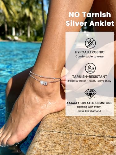 Bestyle Initial Anklet Bracelets for Women Waterproof Non Tarnish 14K Gold/White Gold Plated CZ Anklets for Women Dainty Layered Letter Heart Ankle Bracelets Adjustable Foot Chain Anklet - color: D