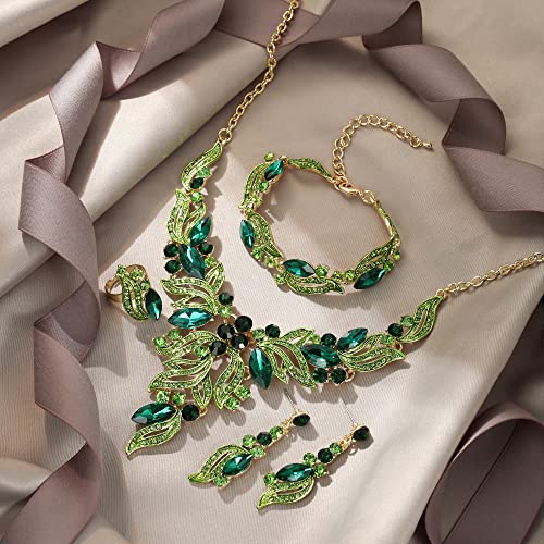 EVER FAITH Bridal Wedding Marquise Crystal Leaf Cluster Statement Y-Shaped Necklace Earrings Bracelet Ring Set for Prom - color: Green Black-Tone