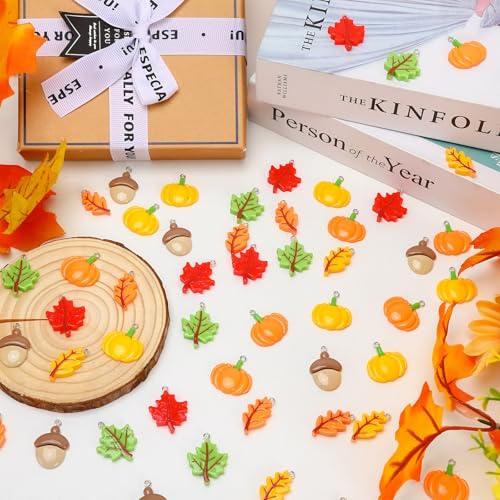 64 Pcs Fall Resin Charms Maple Leaf Pumpkin Acorn Autumn Pendant | 7 Styles, Flatback, Fall Charms for Jewelry Making, Thanksgiving Bracelet Necklace Earrings DIY Crafts Supplies - style: Fall Style