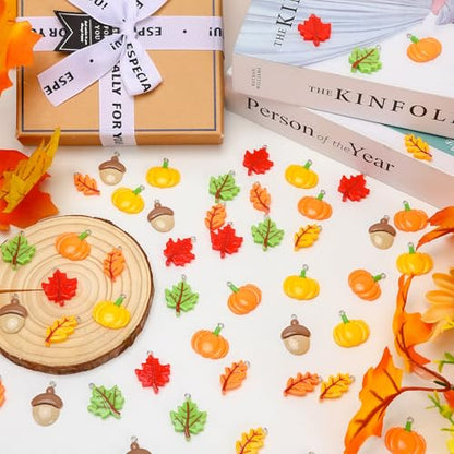 64 Pcs Fall Resin Charms Maple Leaf Pumpkin Acorn Autumn Pendant | 7 Styles, Flatback, Fall Charms for Jewelry Making, Thanksgiving Bracelet Necklace Earrings DIY Crafts Supplies - style: Fall Style