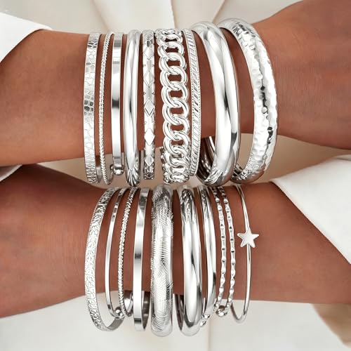 ÌF ME Gold Bangle Bracelets for Women, 19Pcs Multi Stackable Textured Bangles Set, 14K Gold Plated Chunky Bracelet Boho Jewelry Gifts - color: Silver