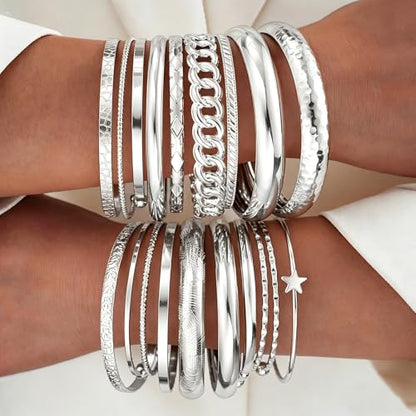 ÌF ME Gold Bangle Bracelets for Women, 19Pcs Multi Stackable Textured Bangles Set, 14K Gold Plated Chunky Bracelet Boho Jewelry Gifts - color: Silver