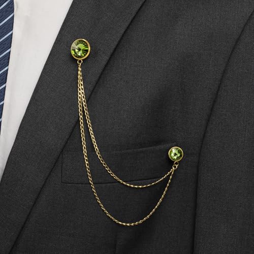 HAWSON Birthstone Brooch Pin for Men with Hanging Chain & Crystal, Mens Gold Tone Lapel Pin for Wedding/Birthday/Party Dress Suits Accessories - color: August Olive