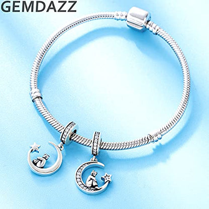 GEMDAZZ 925 Sterling Silver Valentines Day Charms Heart Charms, I Love You to The Moon and Back Pendant, Cupid Arrow and 4 Leaf Clover Beads fit European Bracelets, Gift for Lover/Wife/Girls - color: Silver Color Girl on Moon Pendant Charms