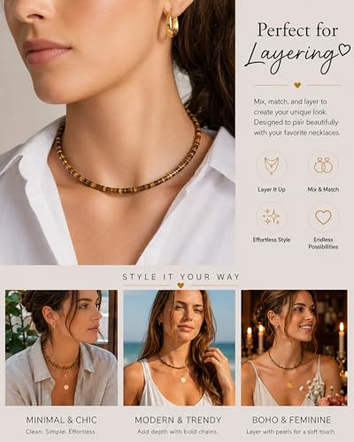 Natural Heishi Gemstone Choker Necklace for Women, Adjustable 15"+2" Beaded Layering Necklace, Coastal Beach Jewelry Gift for Her - color: Tiger Eye