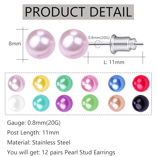12 Pairs Colorful Pearl Stud Earrings for Women Stainless Steel Small Studs Set - color: Pearl: 8mm