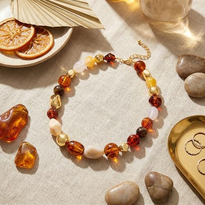 Chunky Beads Necklace for Women Trendy Gold Puffy Heart Choker Necklace Colorful Resin Beaded Heart Pendant Necklaces Statement Jewelry - color: Irregular Bead-Brown
