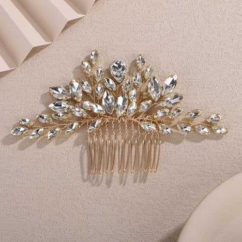 Teyglen Gold Crystal Wedding Hair Comb Full Rhinestone Hair Side Comb for Bride Wedding Headpiece Gold Teardrop Crystal Hair Piece Hair Accessories for Women Party Prom(Gold) - color: Gold