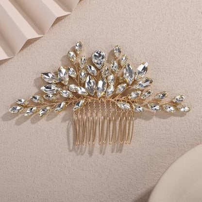 Teyglen Gold Crystal Wedding Hair Comb Full Rhinestone Hair Side Comb for Bride Wedding Headpiece Gold Teardrop Crystal Hair Piece Hair Accessories for Women Party Prom(Gold) - color: Gold