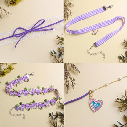 Nova&Aria Chokers Set For Women Heart Choker Necklaces Flower Pendant Velvet Cute Pink Turquoise Blue White Black Choker Necklace Christmas Colorful Lace Chokers - color: Purple