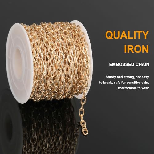 KYUNHOO 32.8 Feet KC Gold Plated Iron Chains for Jewelry Making Oval Paperclip Chain Link on Spool Texture Jewelry Making Chains for Handcraft DIY Supply Jewelry Findings - color: Embossed Gold