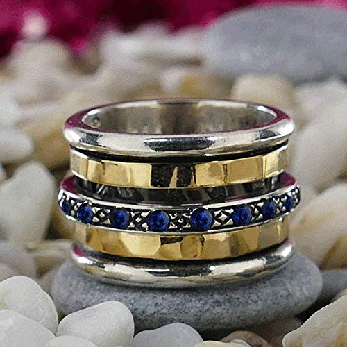 Two tone Ring Handmade 1.6 Carat Natural Blue Sapphire Gemstone Mixed Metal 925 Silver & 9k Solid Gold Hammered Meditation Ring Made in Israel