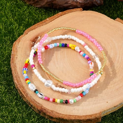 Dainty Gold Plated Tiny Ball Colorful Beaded Stack Bracelets Sets for Women,3Pcs Stackable Cute Bracelet Stretch Trendy Ball Jewelry Friendship Gift - color: pearl