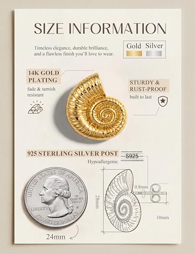 Chunky Gold Stud Earrings for Women Sterling Silver Earring Hypoallergenic | Non Tarnish 14K Gold Plated 925 Silver Posts for Sensitive Ears,Knot Statement Dangle Earrings Gold Jewelry Gifts Lightweight - color: gold plated-conch