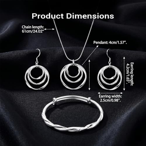 3 Pack Silver Jewelry Sets for Women, Boho Necklace & Earring & Adjustable Bracelet