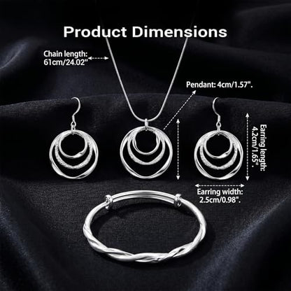 3 Pack Silver Jewelry Sets for Women, Boho Necklace & Earring & Adjustable Bracelet