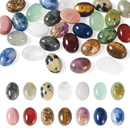 KISSITTY 28Pcs Gemstone Cabochons 14 Styles 6×8mm Round Oval Gemstones Cabochon Semi-Precious Natural Gems Crystal Stones Cabochons For Jewelry Making Bracelet Necklace Earring Pendant