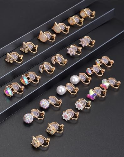 Tornito 10-15 Pairs Clip on Stud Earrings Non Pierced Teardrop Round Square CZ Pearl Twist Knot Flower Butterfly Heart Star Rainbow Cat Opal Clip on Earrings for Women - color: D: 15 Pairs Gold Tone