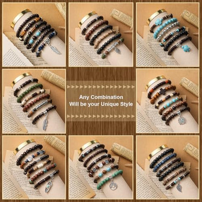 Tondiamo 48 Pcs Punk Wooden Beads Bracelets Gothic Bracelet for Men Adjustable Bulk Vintage Beaded Bracelet Metal Set Wood Bangles Wristbands Commemorative Gift