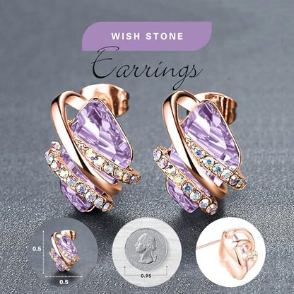 Gifts for Women, Wish Stone Stud Earrings with Birthstone Crystals, 18K Rose Gold Plated or Silver-tone - color: 106-June-Alexandrite Light Purple-Rose Gold Plated