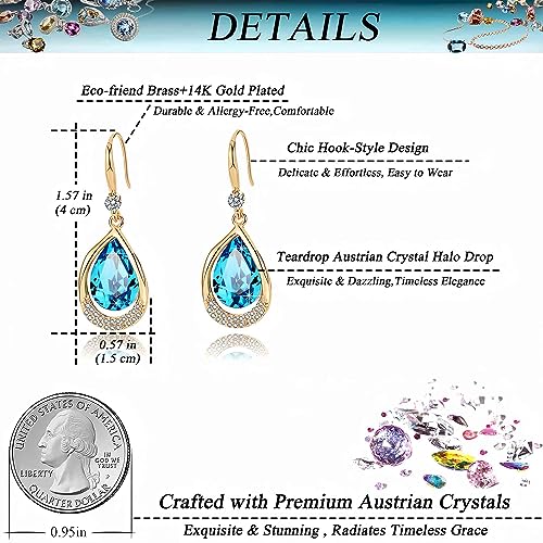 Austrian Crystal Halo Teardrop Hollow Drop Dangle Earrings for Women 14K Rose Gold Plated Hypoallergenic Jewelry Gifts - color: Bermuda Blue