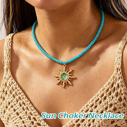 Tgirls Boho Beaded Choker Necklace Opal Bead Necklace Sun Pendant Summer Jewelry for Women - color: Turquoise