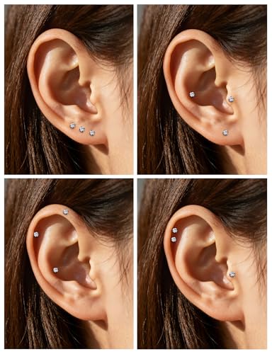 16G ASTM F136 Titanium Surgical Steel Internal Thread Flat Back Studs Earrings Lip Rings Labret Medusa Helix Tragus Cartilage Earring stud Piercing Jewelry for Women Men Silver Black Gold - style: 16g/4mm Clear cz/Black 6mm