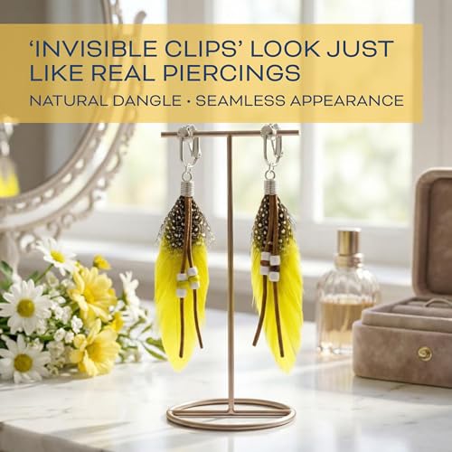 Aloha Earrings-Clip On Real Feather Earrings-Dangle Clip On Earrings Tassel Long Clip Earrings Bohemian - color: Yellow Feathers