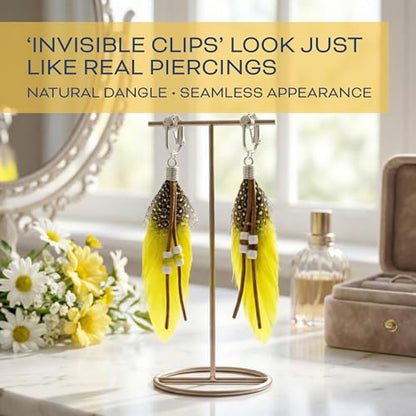 Aloha Earrings-Clip On Real Feather Earrings-Dangle Clip On Earrings Tassel Long Clip Earrings Bohemian - color: Yellow Feathers