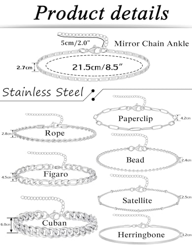 8Pcs Ankle Bracelets for Women Stainless Steel Waterproof Layered Cuban Figaro Link Chain Rope Paperclip Herringbone Satellite Bead Anklets Set Summer Beach Jewelry Gold Silver Tone 8.5 Inch - color: B:Silver