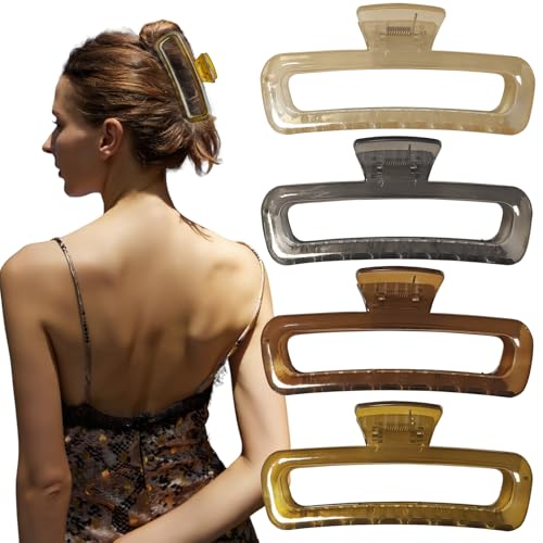 5 Inch Large Hair Claw Clips, No Slip Glossy Jelly Square XL Clips for Thick Long Curly Hair, Women's Big Rectangle Strong Clips, 4 Pack - color: A7 5 inch