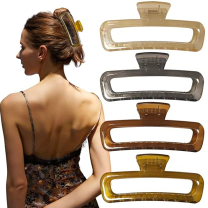 5 Inch Large Hair Claw Clips, No Slip Glossy Jelly Square XL Clips for Thick Long Curly Hair, Women's Big Rectangle Strong Clips, 4 Pack - color: A7 5 inch