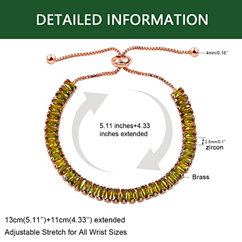 Uloveido Classic Emerald Cut Rectangular Cubic Zirconia Eternity Tennis Bracelet Adjustable for Women Y1788 - color: Rose Gold-Light Green