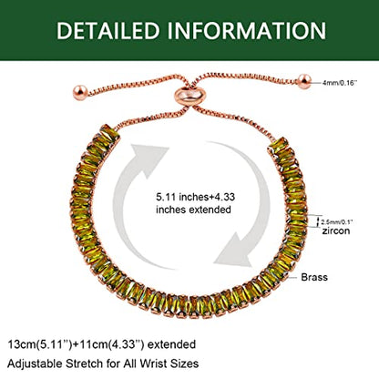 Uloveido Classic Emerald Cut Rectangular Cubic Zirconia Eternity Tennis Bracelet Adjustable for Women Y1788 - color: Rose Gold-Light Green