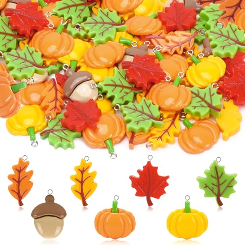 64 Pcs Fall Resin Charms Maple Leaf Pumpkin Acorn Autumn Pendant | 7 Styles, Flatback, Fall Charms for Jewelry Making, Thanksgiving Bracelet Necklace Earrings DIY Crafts Supplies - style: Fall Style