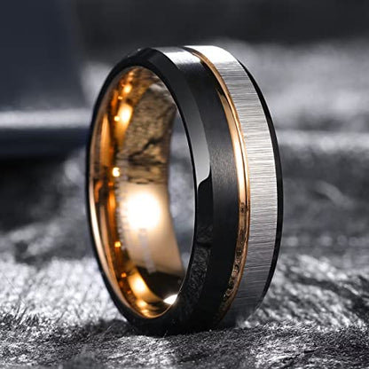 King Will Mens Tungsten Carbide Wedding Band with Groove Design | 6/7/8mm Width, Grooved, Comfort Fit, Everyday Wear - color: Silver&Black-8mm
