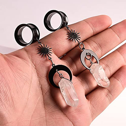 2PCS Moon-Pendant Natural Stone Stainless Steel Dangle Ear Plugs Tunnels Stretcher Piercing Body Jewelry - size: 12mm(1/2")
