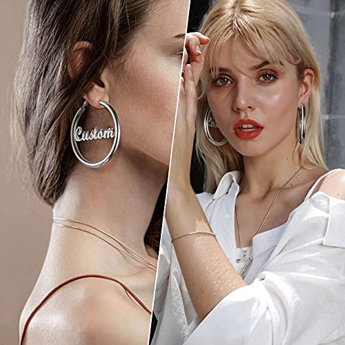 FindChic Hoop Earrings for Women, Silver/Black/14K Gold Plated Hypoallergenic Hollow Round Tube Loop Earrings, 20mm/30mm/40mm/60mm/80mm Chunky Hoops with Custom Name Options & Gift Box - color: e.Silver (Custom Name), size: 40MM