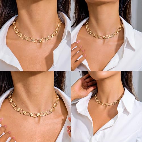 Chunky Necklace for Women 18K Gold Plated Statement Adjustable Thick Link Chains Paperclip Chain Choker Trendy Fashion Jewelry Gifts - style: Link 1