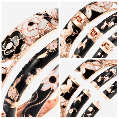 UJOY Womens Multi-Colors Cloisonne Bracelet Plated Flower Hollowed Enameled Hinged Cuff Bangles Jewelry Gift 88A10 - color: 3 Pcs Pack Black Bangles