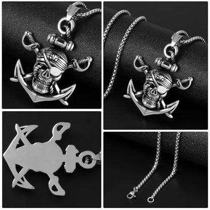 Stainless Steel Gothic Y2K Punk Rock Emo Biker Pendant Necklace | Cosplay Vintage Viking Alt Edgy Fashion Charm Necklace Jewelry for Men Women Active Daily Wear - style: Skull Pirate Anchor