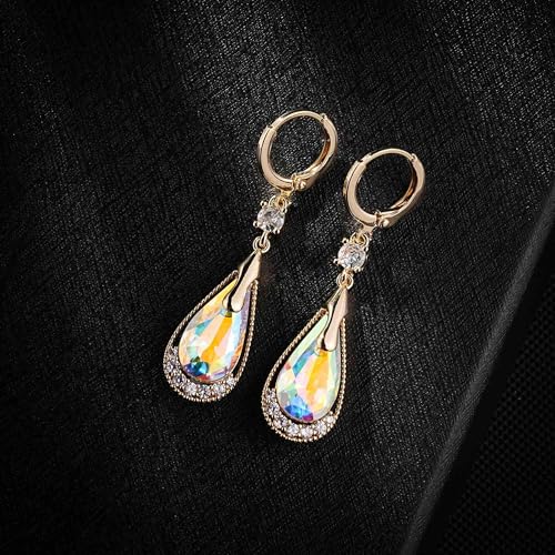 Trendy Austrian Crystal Teardrop Drop Huggie Dangle Earrings for Women 14k Rose Gold Plated Hypoallergenic Jewelry Gifts - color: Aurora Borealis