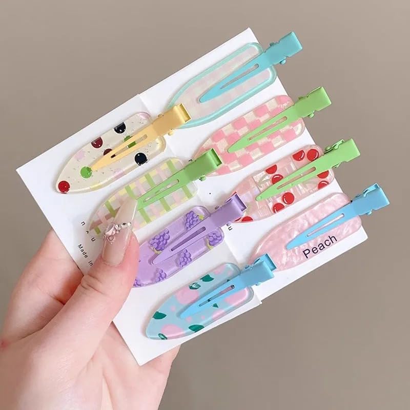 10PCS Colorful Mini Snap Hair Clips Set for Women, Thin Acrylic Barrettes for Bangs, Lightweight No Mark Hairpins, Pastel Fruit Pattern Styling Clips for Daily Use