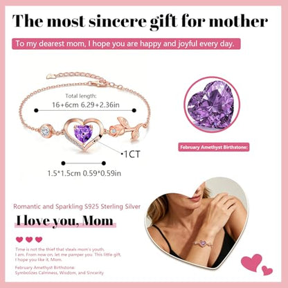 1CT Rose Heart Birthstone Bracelet for Women Love Gift - style: 02-Feb Dark Purple Rose Gold